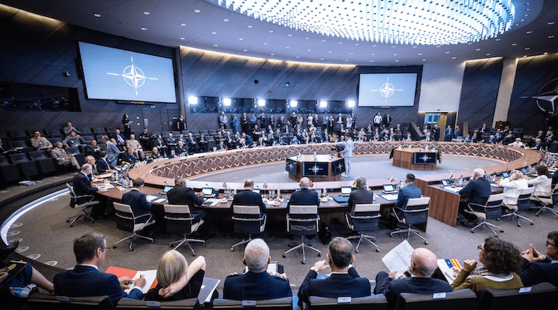 Defense leaders from NATO member nations discuss their defense spending obligations and other issues at a meeting in Brussels, June 16, 2023. Photo Credit: NATO