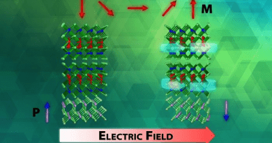 A new method to control quantum states in a material is shown. The electric field induces polarization switching of the ferroelectric substrate, resulting in different magnetic and topological states. CREDIT: Mina Yoon, Fernando Reboredo, Jacquelyn DeMink/ORNL, U.S. Dept. of Energy