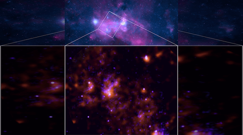 New data from NASA's Imaging X-ray Polarimetry Explorer (IXPE) has provided evidence that the supermassive black hole at the centre of the Milky Way Galaxy- known as Sagittarius A* (Sgr A*) - went through a very intense period of activity some 200 years ago after gobbling up gas and dust that came within its range. The IXPE data, which shows the echo of this past activity, can be seen in orange in the bottom image. It was combined with data from Chandra, another NASA X-ray observatory, seen in blue, which shows only direct light from the Galactic centre. The top image is a much wider view of the centre of the Milky Way obtained by Chandra. CREDIT: © NASA/CXC/SAO/IXPE