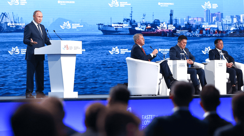 Russia's President Vladimir Putin speaking at the Eastern Economic Forum in Vladivostok, September 2022 with Myanmar's Min Aung Hlaing attending. Photo Credit: Kremlin.ru