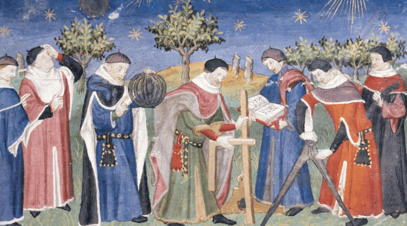 Clerics studying astronomy and geometry, French, early 15th century. Credit: La Vraye Histoire du Bon Roy Alixandre, Wikipedia Commons
