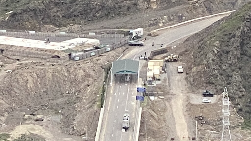 Azerbaijani Checkpoint to the Lachin Corridor at the Hakari Bridge, viewed from Kornidzor, Republic of Armenia. Photo Credit: Elisa von Joeden-Forgey, Wikipedia Commons