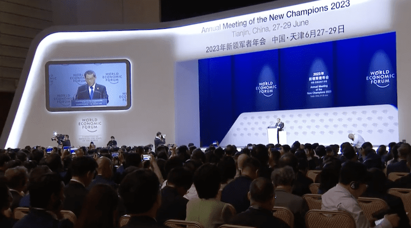 China's Premier Li Qiang speaking at the opening plenary of the 14th Annual Meeting of the New Champions in Tianjin. Photo Credit: WEF video screenshot
