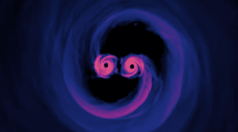 When two black holes merge, they release gravitational waves, that when lensed by massive objects as they travel to Earth, could be used to calculate the rate of cosmic expansion. CREDIT NASA's Goddard Space Flight Center/Scott Noble; simulation data, d'Ascoli et al. 2018