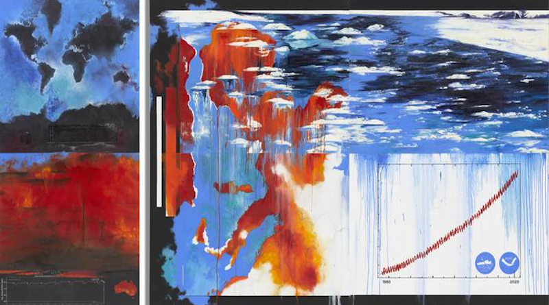 A painting by Diane Burko entitled "Summer Heat, 2020" depicts red, orange and blue motifs of wildfires and melting glaciers that overlap with maps that appear to drip over a graph of global atmospheric carbon dioxide levels. Research from the University of Wisconsin–Madison has shown that combining climate data with visually engrossing art can make data more meaningful to viewers and bridge political divides related to climate science. CREDIT: Diane Burko