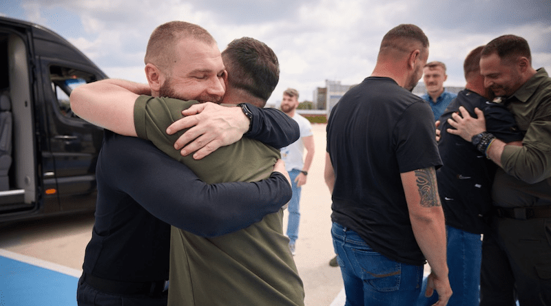Ukrainian President Volodymyr Zelenskyy with five commanders taken prisoner by Russia during the brutal struggle in the city of Mariupol. Photo Credit: Ukraine Presidential Press Service