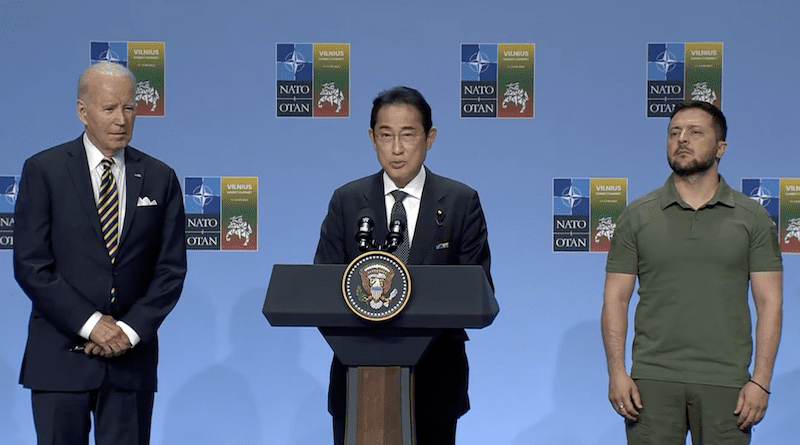 US President Joe Biden with Japan's Prime Minister Fumio Kishida and Ukraine's President Volodymyr Zelenskyy. Photo Credit: White House video screenshot