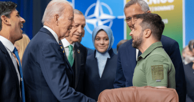 U.S. President Joe Biden greets Ukrainian President Volodymyr Zelensky as NATO Secretary General Jens Stoltenberg looks on at the alliance’s Vilnius Summit, July 12, 2023 in Lithuania. Photo Credit: DOD