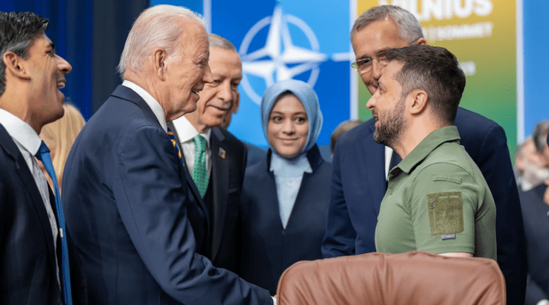 U.S. President Joe Biden greets Ukrainian President Volodymyr Zelensky as NATO Secretary General Jens Stoltenberg looks on at the alliance’s Vilnius Summit, July 12, 2023 in Lithuania. Photo Credit: DOD