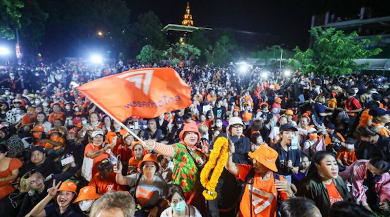 Supporters of Move Forward Party leader Pita Limjaroenrat gather near Thailand's parliament in Bangkok. Photo Credit: Nava Sangthong/BenarNews