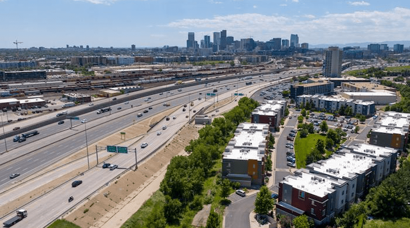 The Denver Metro Area which includes housing, freeways, railways and the downtown core. CREDIT: Paul Wedlake/University of Colorado Denver