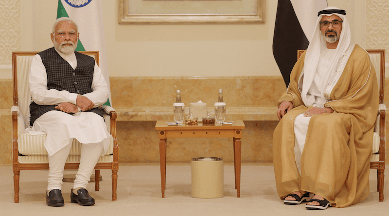 India's PM Narendra Modi meets with the Crown Prince of Abu Dhabi, Sheikh Khaled bin Mohamed bin Zayed Al Nahyan, in Abu Dhabi, UAE. Photo Credit: India PM Office