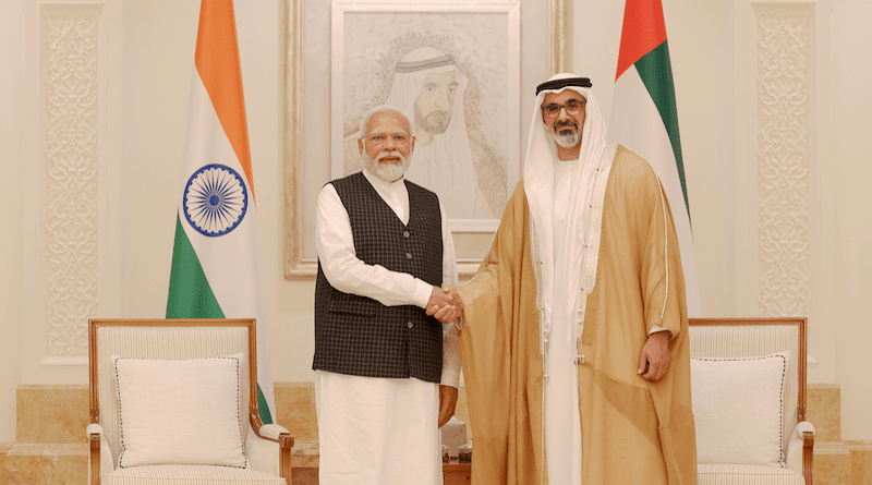 India's PM Narendra Modi with the Crown Prince of Abu Dhabi, Sheikh Khaled bin Mohamed bin Zayed Al Nahyan, in Abu Dhabi, UAE. Photo Credit: India PM Office