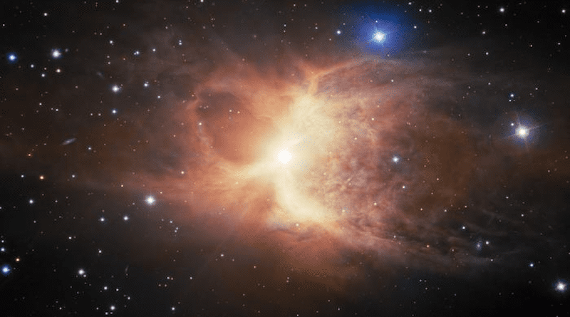 A billowing pair of nearly symmetrical loops of dust and gas mark the death throes of an ancient red-giant star, as captured by Gemini South, one half of the International Gemini Observatory, operated by NSF’s NOIRLab. The resulting structure, said to resemble an old style of English jug, is a rarely seen bipolar reflection nebula. Evidence suggests that this object formed by the interactions between the dying red giant and a now-shredded companion star. The image was obtained by NOIRLab’s Communication, Education & Engagement team as part of the NOIRLab Legacy Imaging Program. CREDIT International Gemini Observatory/NOIRLab/NSF/AURA Image processing: T.A. Rector (University of Alaska Anchorage/NSF’s NOIRLab), J. Miller (Gemini Observatory/NSF’s NOIRLab), M. Rodriguez (Gemini Observatory/NSF’s NOIRLab), M. Zamani (NSF’s NOIRLab)