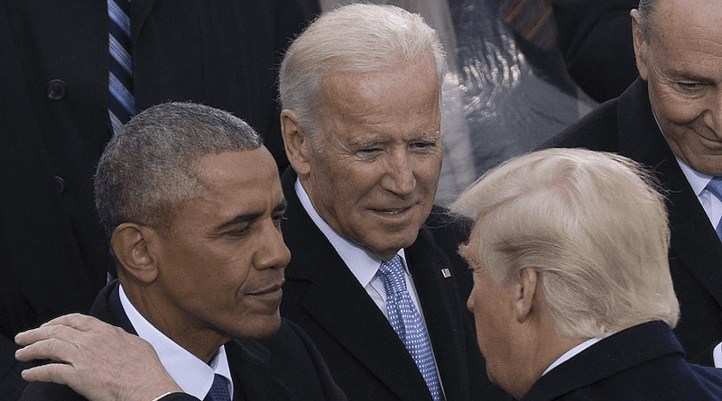 File photo of President Donald J. Trump with the 44th President of the United States, Barack H. Obama and Vice President Joe Biden during the 58th Presidential Inauguration at the U.S. Capitol Building, Washington, D.C., Jan. 20, 2017. Photo Credit: DoD photo by U.S. Marine Corps Lance Cpl. Cristian L. Ricardo