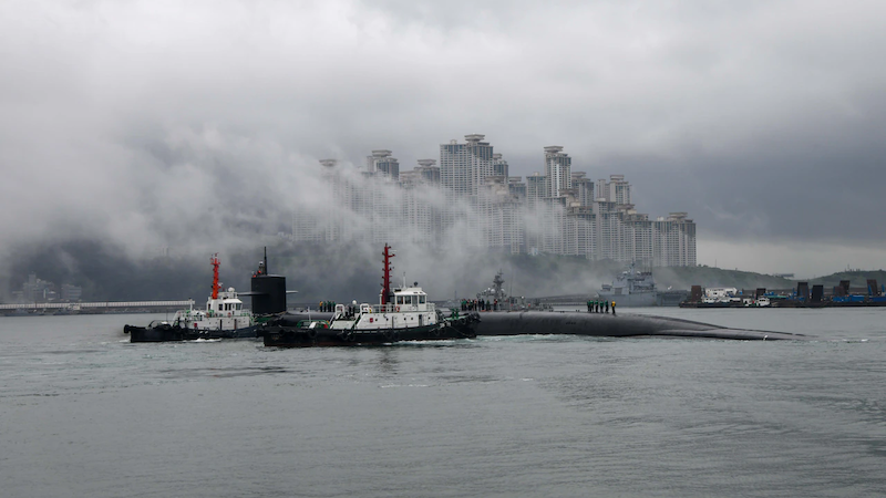 The Ohio-class ballistic-missile submarine USS Kentucky pulls into port in Busan, South Korea, July 18, 2023. Photo Credit: Navy Petty Officer 1st Class Michael Chen