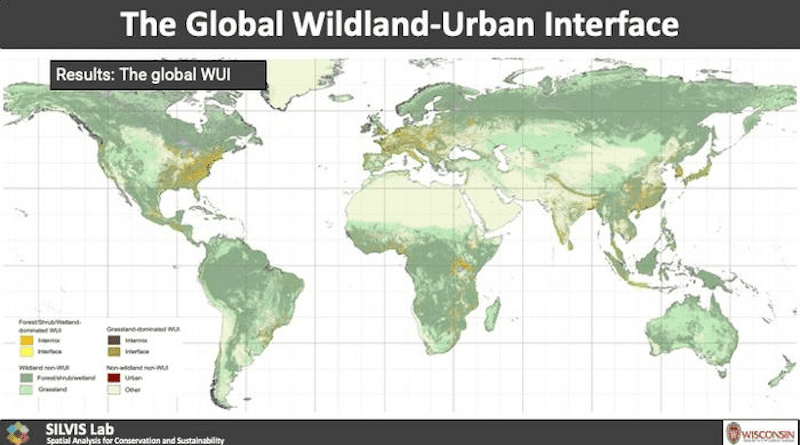 This is the first map of wildland-urban interface areas around the globe. It also provides detail about the kind of vegetation cover within each area. Courtesy of the UW–Madison SILVIS Lab. CREDIT: University of Wisconsin–Madison, SILVIS Lab