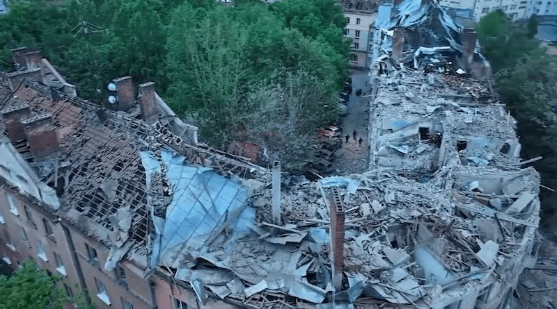 Image from drone footage recorded by the State Emergency Service of Ukraine on the morning of July 6, 2023, showing the rooftop of an apartment complex on the corner of Akademika Sakharova Street and Stryiska Street in Lviv, seriously damaged by a Russian cruise missile. Photo Credit: State Emergency Service of Ukraine