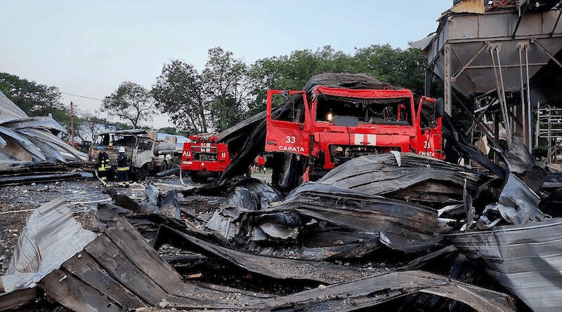 Aftermath of Russian rocket attack on an agricultural center in Odesa, that also damaged firetrucks. Photo Credit: Ukraine Emergency Services