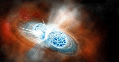 An illustration of a kilonova the collision of neutron stars generating conditions extreme enough to forge the Universe’s heavy elements.