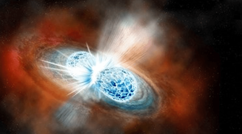 An illustration of a kilonova the collision of neutron stars generating conditions extreme enough to forge the Universe’s heavy elements.