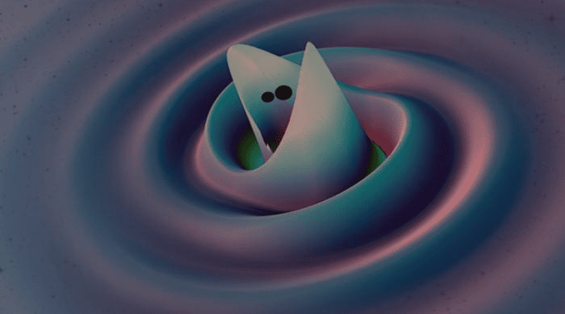 Ripples in the spacetime around a merging binary black-hole system from a numerical relativity simulation. CREDIT Image credit: Deborah Ferguson, Karan Jani, Deirdre Shoemaker, Pablo Laguna, Georgia Tech, MAYA Collaboration