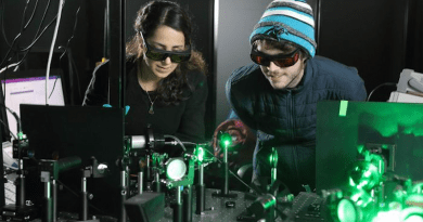 Doctoral candidates Sara Makarem Hoseini and Daniel Hirt observe the plasma ray setup. Though Hirt wears a knit cap and puffy jacket for effect, the cooling is localized and doesn’t have much influence on the surrounding room temperature. CREDIT: Tom Cogill