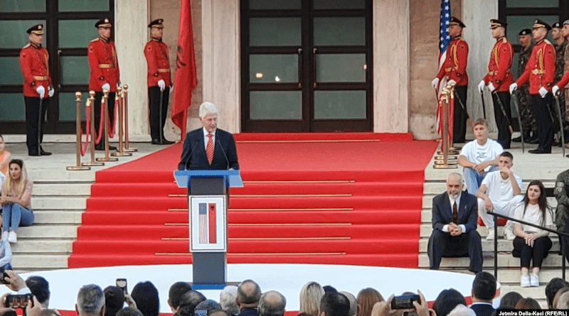 Former U.S. President Bill Clinton gives a speech in Tirana, Albania. Photo Credit: RFE/RL