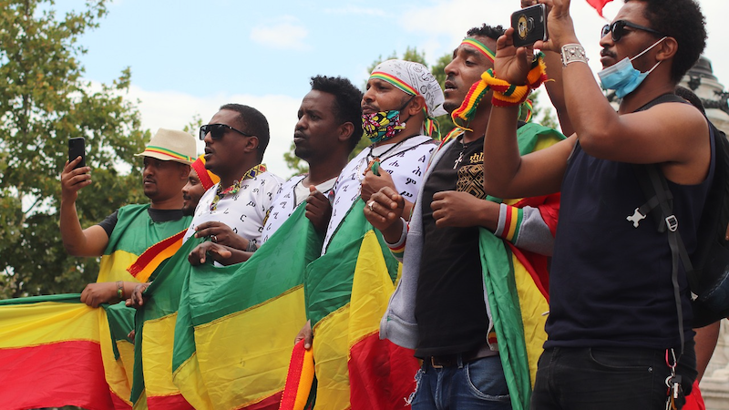 men Ethiopia protest flag demonstration