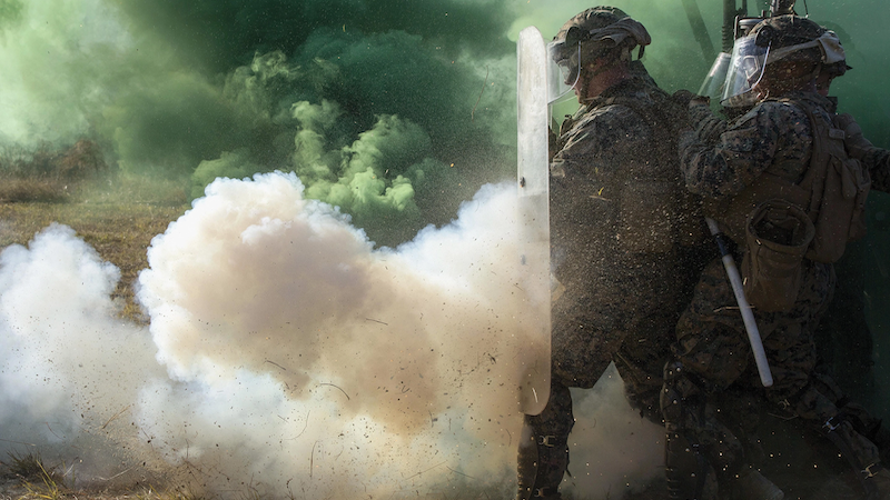 Marines push through simulated riot during nonlethal weapons training course at Camp Lejeune, North Carolina, November 18, 2016 (U.S. Marine Corps/Victoria Ross)