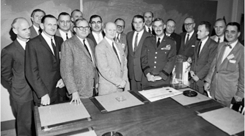 Wernher von Braun and his team in the fall of 1959. At the time, von Braun and his associates worked for the Army Ballistic Missile Agency in Huntsville, Alabama. Those in the photograph have been identified as Ernst Stuhlinger, Frederick von Saurma, Fritz Mueller, Hermann Weidner, Erich W. Neubert (partially hidden), William Mrazek, Karl Heimburg, Arthur Rudolph, Otto Hoberg, von Braun, Oswald Lange, General John Bruce Medaris, Helmut Hoelzer, Hans Maus, E.D. Geissler, Hans Hueter, and George Constan. Photo Credit: NASA, Wikipedia Commons