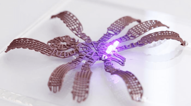 Researchers have developed a metallic gel that is highly electrically conductive and can be used to print three-dimensional (3D) solid objects at room temperature. Printed objects can be engineered to change shape as the gel dries; a phenomenon called '4D printing,' with the fourth dimension being time. This image shows a metallic spider that was printed at room temperature using the metallic gel, and which assembled and solidified into its final 3D shape via 4D printing. CREDIT: Michael Dickey, NC State University