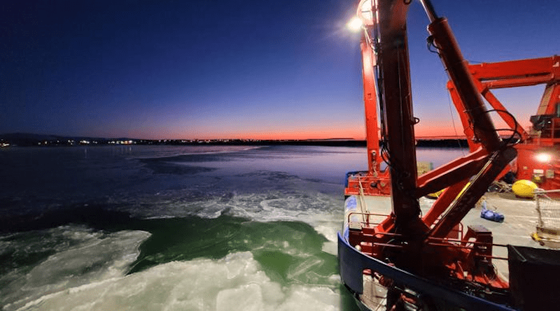 RV Sikuliaq, a research vessel owned by the National Science Foundation, breaks through Arctic ice. CREDIT Photo by Christina Goethel of the University of Maryland Center for Environmental Sciences.