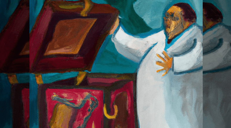 AI-generated image, in response to the request "pandoras box opened with a physician standing next to it. Oil painting Henry Matisse style", (Generator: DALL-E2/OpenAI, March 9, 2023, Requestor: Martin Májovský). CREDIT Created with DALL-E2, an AI system by OpenAI; Copyright: N/A (AI-generated image
