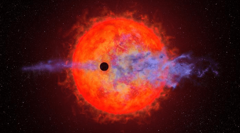 This artist's illustration shows a planet (dark silhouette) passing in front of the red dwarf star AU Microscopii. The planet is so close to the eruptive star a ferocious blast of stellar wind and blistering ultraviolet radiation is heating the planet's hydrogen atmosphere, causing it to escape into space. Four times Earth's diameter, the planet is slowly evaporating its atmosphere, which stretches out linearly along its orbital path. This process may eventually leave behind a rocky core. The illustration is based on measurements made by the Hubble Space Telescope. CREDIT: NASA, ESA, Joseph Olmsted (STScI)