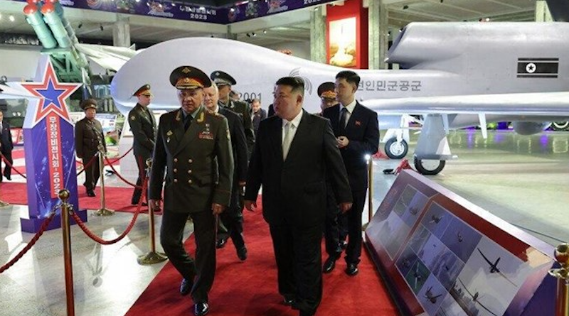 North Korea’s Leader Kim Jong-un shows Russian Defense Minister Sergei Shoigu the DPRK's new unmanned aerial vehicles (UAVs) drone. Photo Credit: Fars News Agency