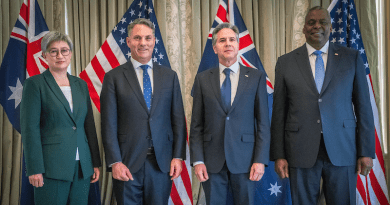 Australian Foreign Minister Penny Wong, far left; Australian Defense Minister Richard Marles; U.S. Secretary of State Antony Blinken and U.S. Secretary of Defense Lloyd J. Austin III pose for a photo in Brisbane, Australia, July 29, 2023. Photo Credit: Chad McNeeley, DOD