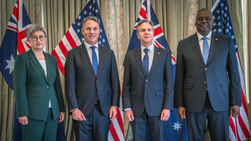 Australian Foreign Minister Penny Wong, far left; Australian Defense Minister Richard Marles; U.S. Secretary of State Antony Blinken and U.S. Secretary of Defense Lloyd J. Austin III pose for a photo in Brisbane, Australia, July 29, 2023. Photo Credit: Chad McNeeley, DOD