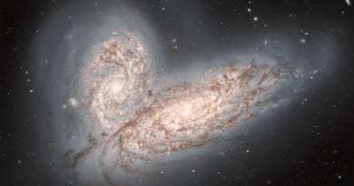 This image from the Gemini North telescope in Hawai‘i reveals a pair of interacting spiral galaxies — NGC 4568 (bottom) and NGC 4567 (top) — as they begin to clash and merge. The galaxies will eventually form a single elliptical galaxy in around 500 million years.Credit: International Gemini Observatory/NOIRLab/NSF/AURA Image processing: T.A. Rector (University of Alaska Anchorage/NSF's NOIRLab), J. Miller (Gemini Observatory/NSF's NOIRLab), M. Zamani (NSF’s NOIRLab) & D. de Martin (NSF’s NOIRLab)