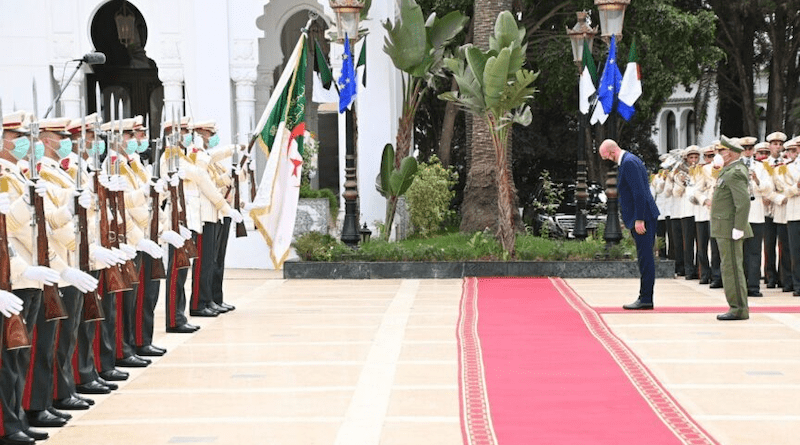 European Council President Charles Michel (R) is welcomed with an official ceremony by Algerian President Abdelmadjid Tebboune at the Palace of El Mouradia in Algiers, Algeria on September 05, 2022. Image by picture alliance / AA | Algerian Presidency