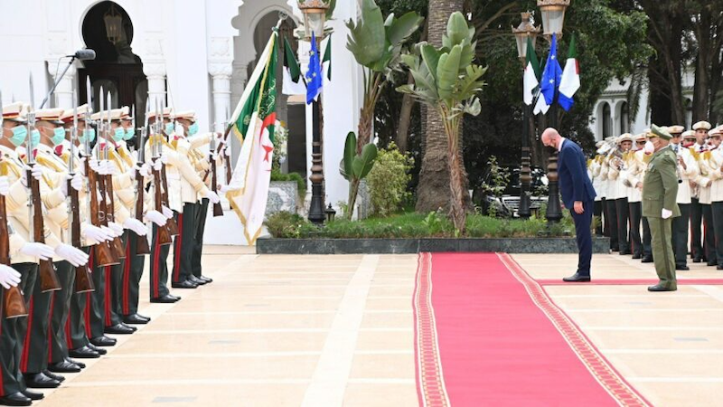 European Council President Charles Michel (R) is welcomed with an official ceremony by Algerian President Abdelmadjid Tebboune at the Palace of El Mouradia in Algiers, Algeria on September 05, 2022. Image by picture alliance / AA | Algerian Presidency