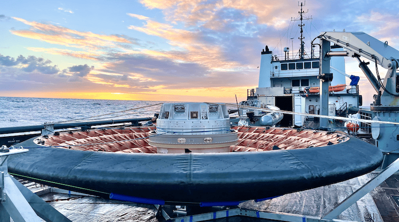 The Low-Earth Orbit Flight Test of an Inflatable Decelerator, or LOFTID, spacecraft is pictured after its atmospheric re-entry test in November 2022. Through a new Tipping Point partnership, United Launch Alliance will continue development of the inflatable heat shield technology demonstrated by LOFTID. Credits: NASA/Greg Swanson