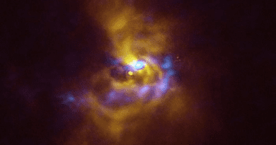 At the centre of this image is the young star V960 Mon, located over 5000 light-years away in the constellation Monoceros. Dusty material with potential to form planets surrounds the star. Observations obtained using the Spectro-Polarimetric High-contrast Exoplanet REsearch (SPHERE - https://www.eso.org/public/teles-instr/paranal-observatory/vlt/vlt-instr/sphere/) instrument on ESO’s VLT (https://www.eso.org/public/teles-instr/paranal-observatory/vlt/), represented in yellow in this image, show that the dusty material orbiting the young star is assembling together in a series of intricate spiral arms extending to distances greater than the entire Solar System. Meanwhile, the blue regions represent data obtained with the Atacama Large Millimeter/submillimeter Array (ALMA - https://www.eso.org/public/teles-instr/alma/), in which ESO is a partner. The ALMA data peers deeper into the structure of the spiral arms, revealing large dusty clumps that could contract and collapse to form giant planets roughly the size of Jupiter via a process known as “gravitational instability”. CREDIT: ESO/ALMA (ESO/NAOJ/NRAO)/Weber et al.