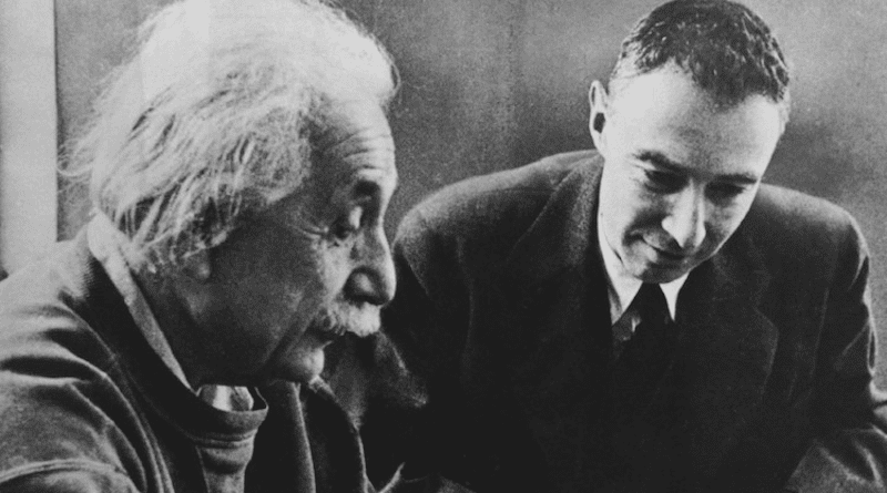 Albert Einstein and Robert Oppenheimer in a posed photograph at the Institute for Advanced Study. Wikipedia.