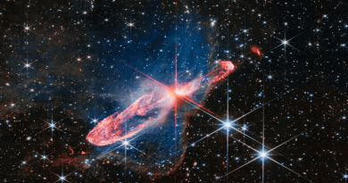 NASA’s James Webb Space Telescope has captured a tightly bound pair of actively forming stars, known as Herbig-Haro 46/47, in high-resolution near-infrared light. Look for them at the center of the red diffraction spikes, appearing as an orange-white splotch. Herbig-Haro 46/47 is an important object to study because it is relatively young – only a few thousand years old. Star systems take millions of years to fully form. Targets like this give researchers insight into how much mass stars gather over time, potentially allowing them to model how our own Sun, which is a low-mass star, formed – along with its planetary system. Credits: Image: NASA, ESA, CSA. Image Processing: Joseph DePasquale (STScI)