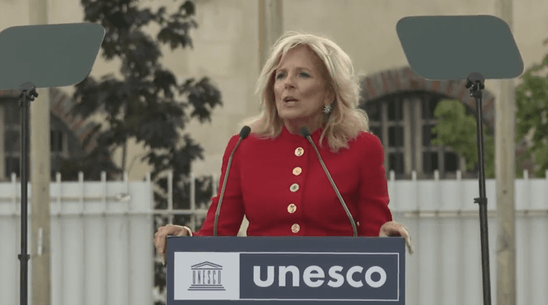 US First Lady Jill Biden speaking at UNESCO event. Photo Credit: UNESCO, White House video screenshot