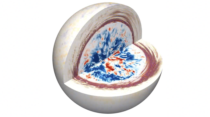 A 3D simulation of how turbulent convection in the core of a large star (center) can generate waves that ripple outward and power resonant vibrations near the star’s surface. By studying changes in the star’s brightness caused by the vibrations, scientists could one day better understand the processes deep in the hearts of large stars. CREDIT: E.H. Anders et al./Nature Astronomy 2023