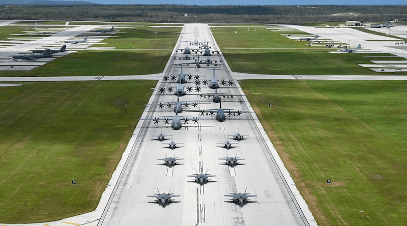 U.S. and Allied aircraft conduct an elephant walk on Andersen Air Force Base, Guam, July 19, 2023. Photo by U.S. Air Force photo by Tech. Sgt. Michael Cossaboom