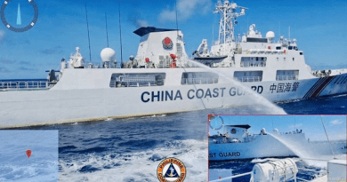 Handout imagery shows a China Coast Guard ship releasing water cannon on a Philippine Coast Guard ship near Second Thomas Shoal during a re-supply mission on August 5, 2023. (Philippine Coast Guard Handout)