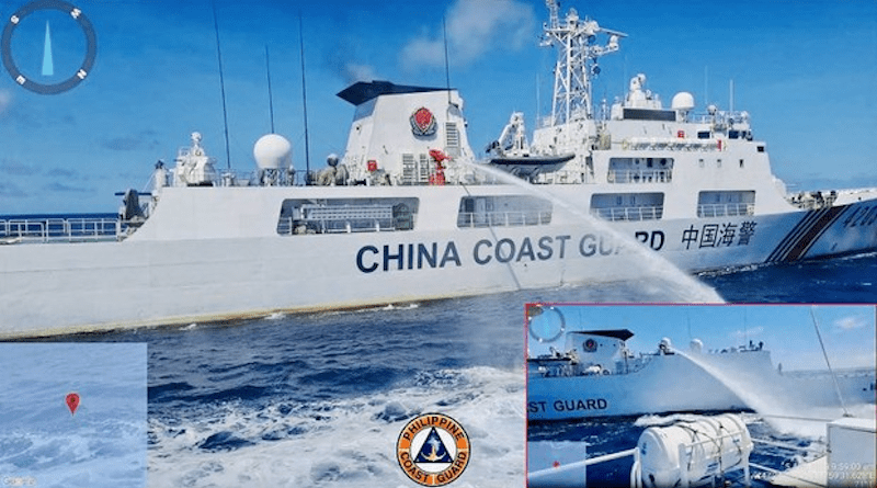 Handout imagery shows a China Coast Guard ship releasing water cannon on a Philippine Coast Guard ship near Second Thomas Shoal during a re-supply mission on August 5, 2023. (Philippine Coast Guard Handout)